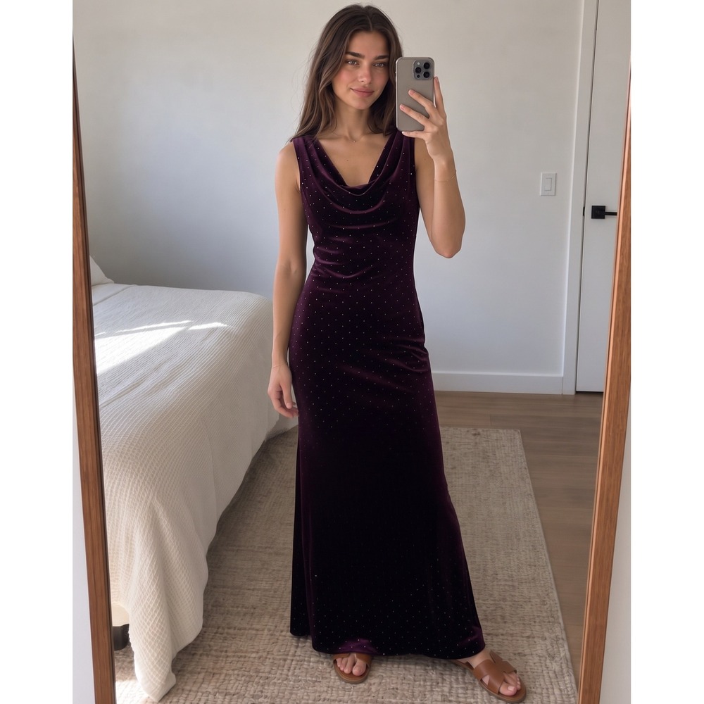 Eliza J Velvet Maxi Gown 6 Purple Rhinestone Cowl Neck Formal Glam Romantic